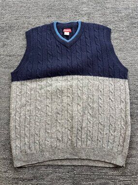 Unionbay Mens L 100% Wool Cable Knit Sweater Vest V-Neck Navy Gray Colorblock